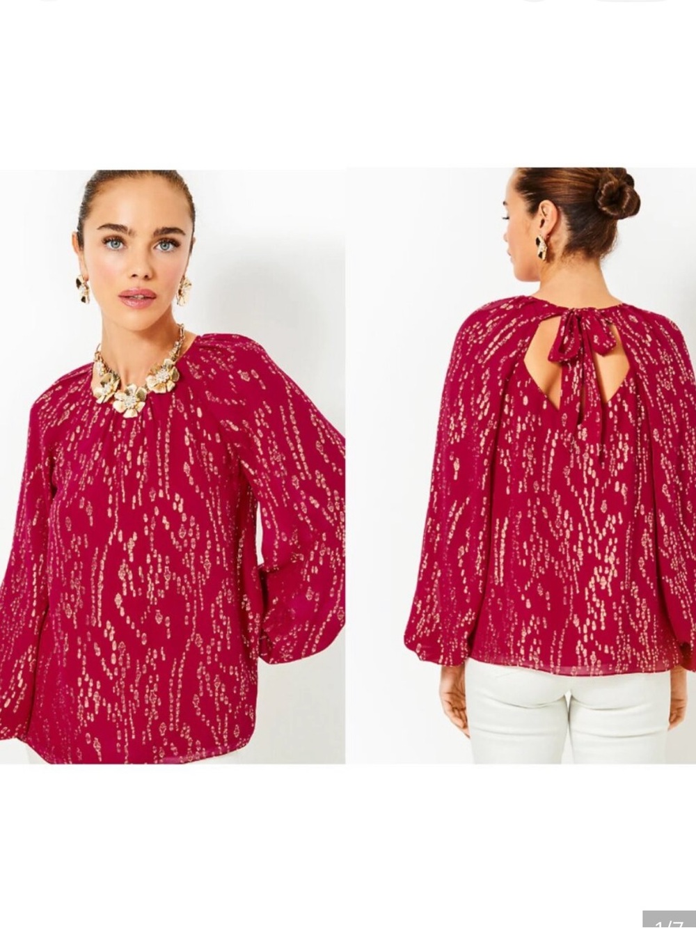Lilly Pulitzer women’s Noraleen Silk Long Sleeved Metallic Red blouse